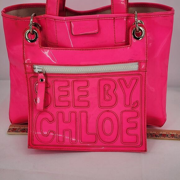 See by Chloe Neon Pink Patent Leather Tote Bag with Hanging Pouch - Picture 15 of 16